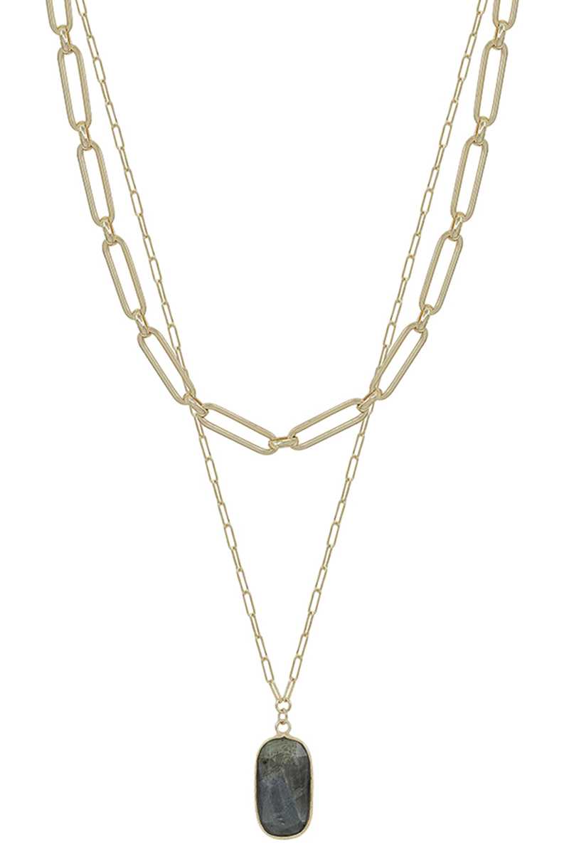 2 Layered Metal Chain Stone Pendant Necklace - ZLA