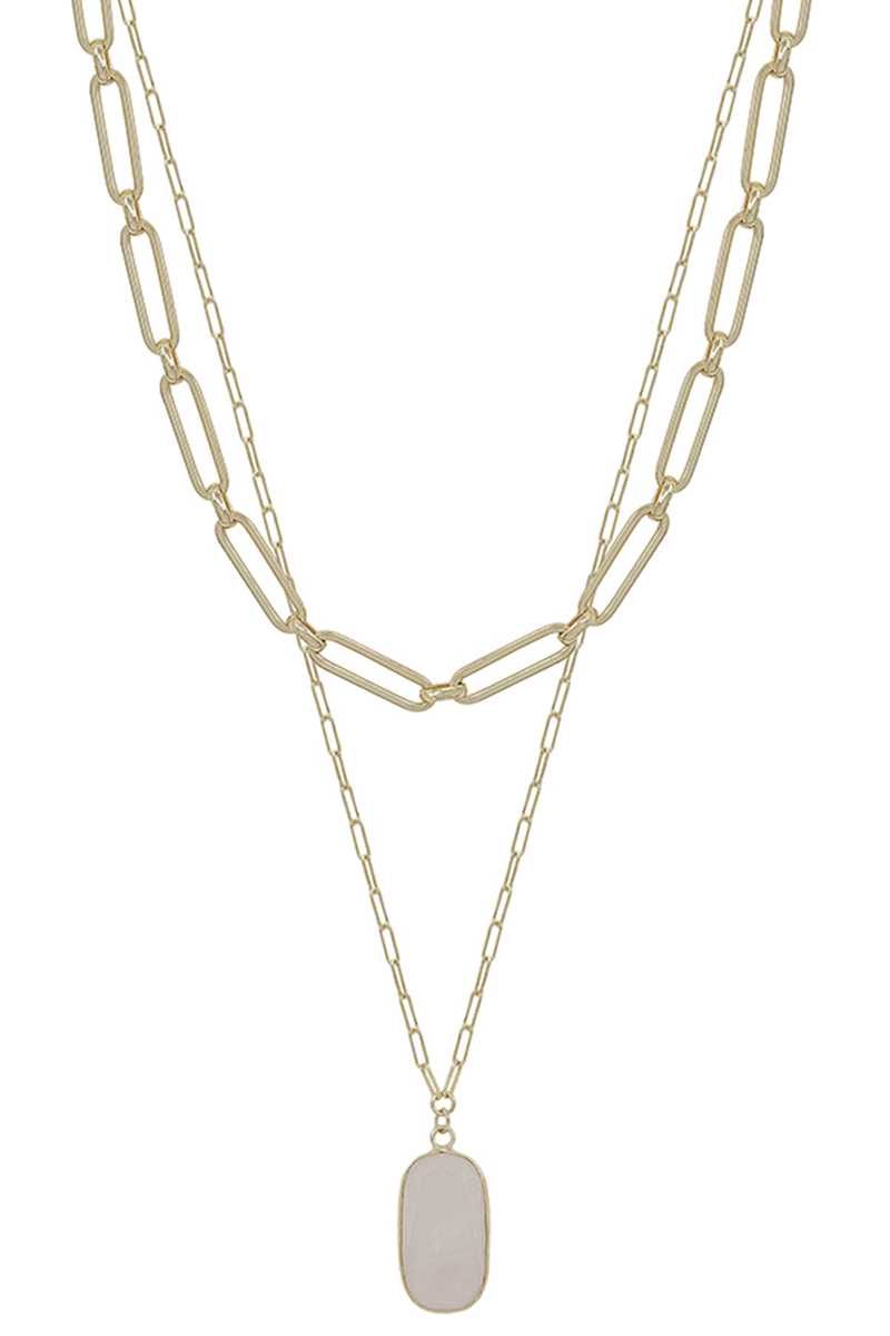 2 Layered Metal Chain Stone Pendant Necklace - ZLA
