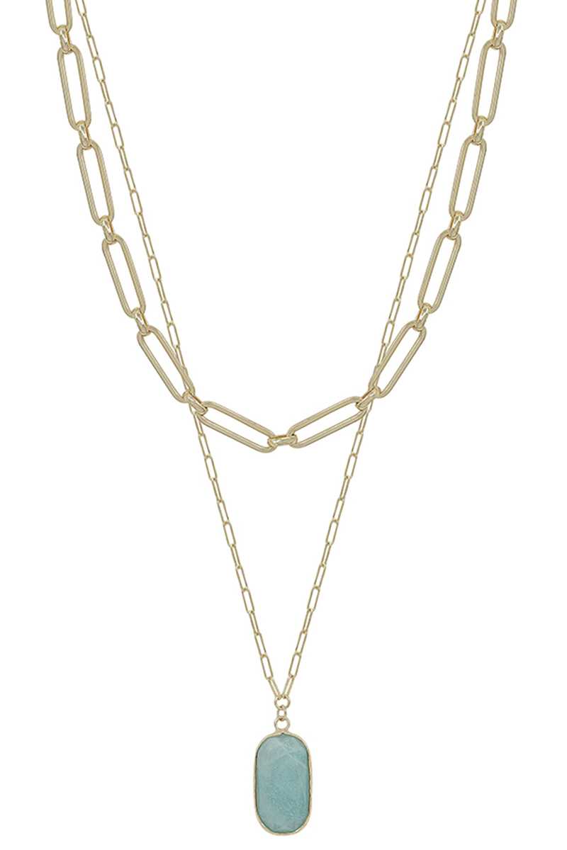 2 Layered Metal Chain Stone Pendant Necklace - ZLA