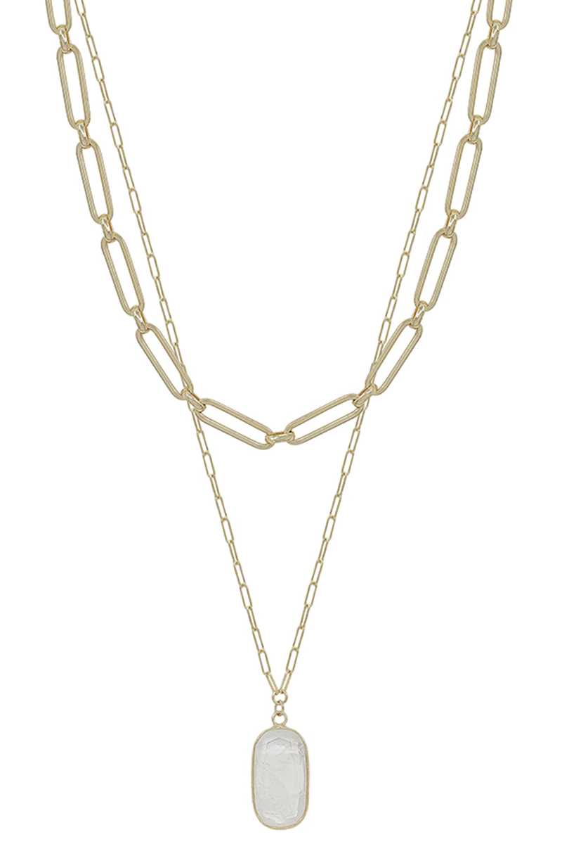 2 Layered Metal Chain Stone Pendant Necklace - ZLA