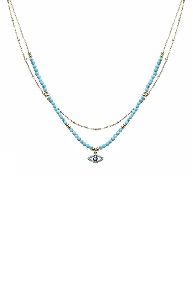 2 Layered Metal Seed Bead Evil Eye Pendant Necklace - ZLA