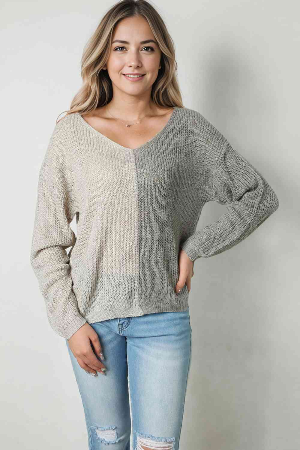 Contrast Color V-Neck Long Sleeve Pullover Sweater - Premium from Trendsi - Just $29! Shop now at ZLA