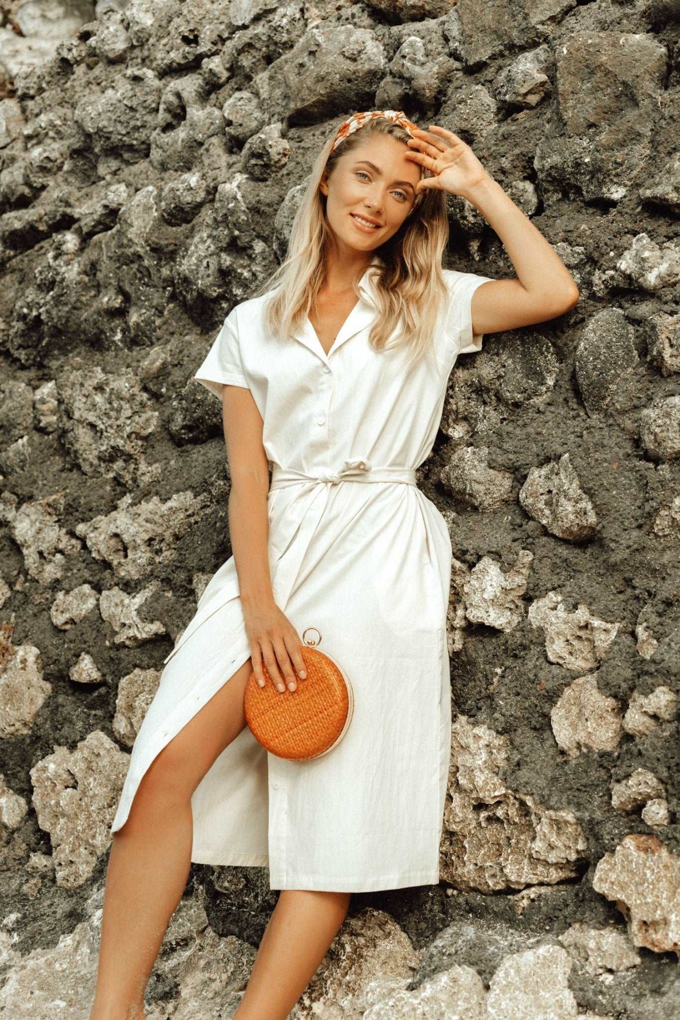 ARYA Safari Linen Midi Dress In Off White - Premium from BrunnaCo - Just $119.50! Shop now at ZLA