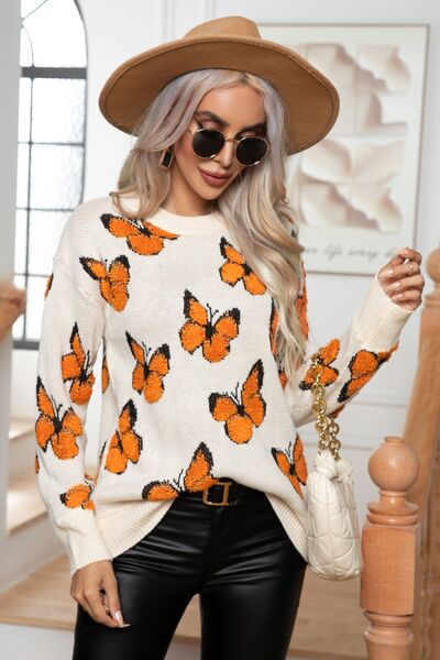 Butterfly Round Neck Long Sleeve Sweater - Premium from Trendsi - Just $36! Shop now at ZLA