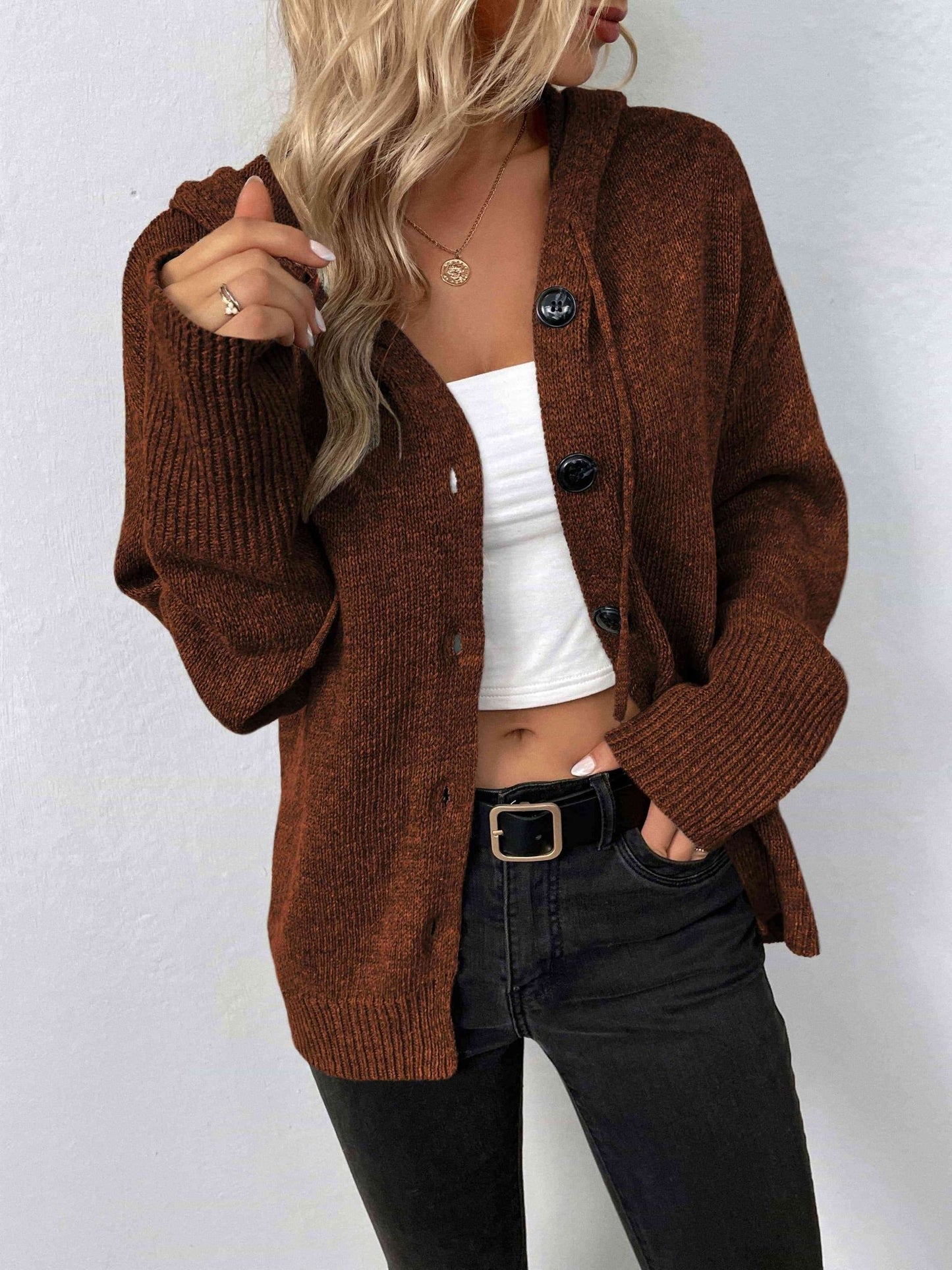 Button-Down Long Sleeve Hooded Sweater - Premium from Trendsi - Just $37! Shop now at ZLA