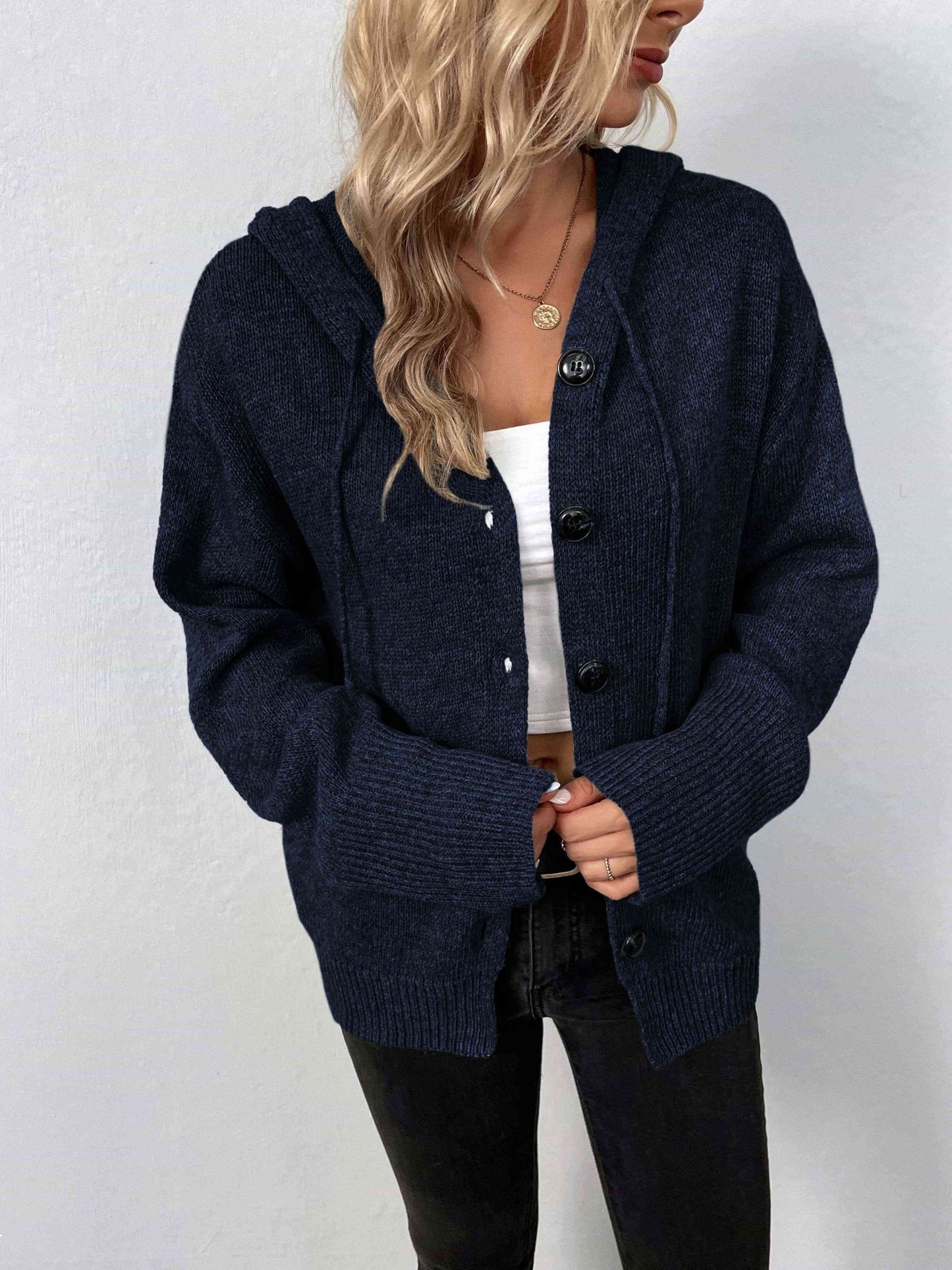 Button-Down Long Sleeve Hooded Sweater - Premium from Trendsi - Just $37! Shop now at ZLA