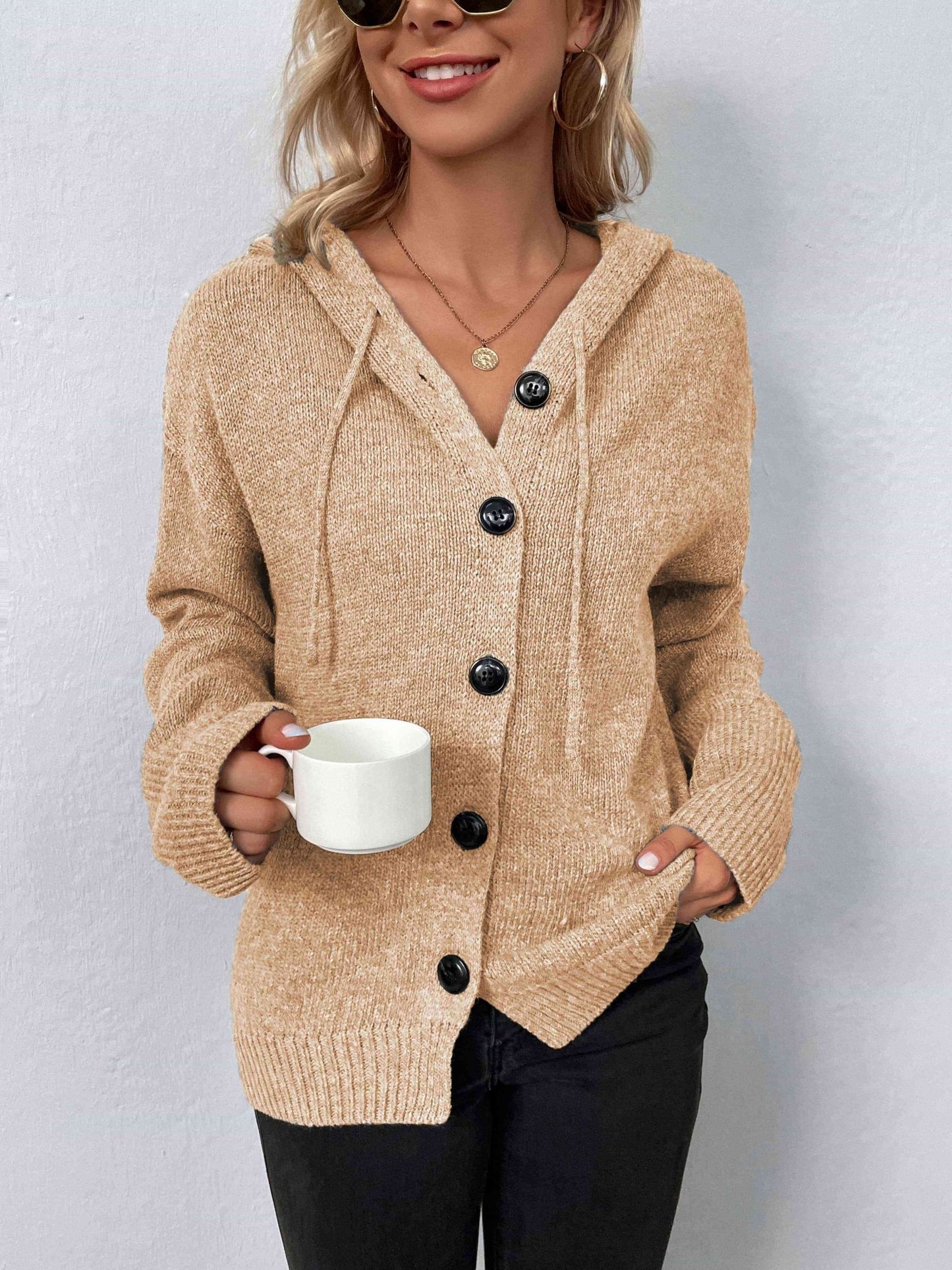 Button-Down Long Sleeve Hooded Sweater - Premium from Trendsi - Just $37! Shop now at ZLA
