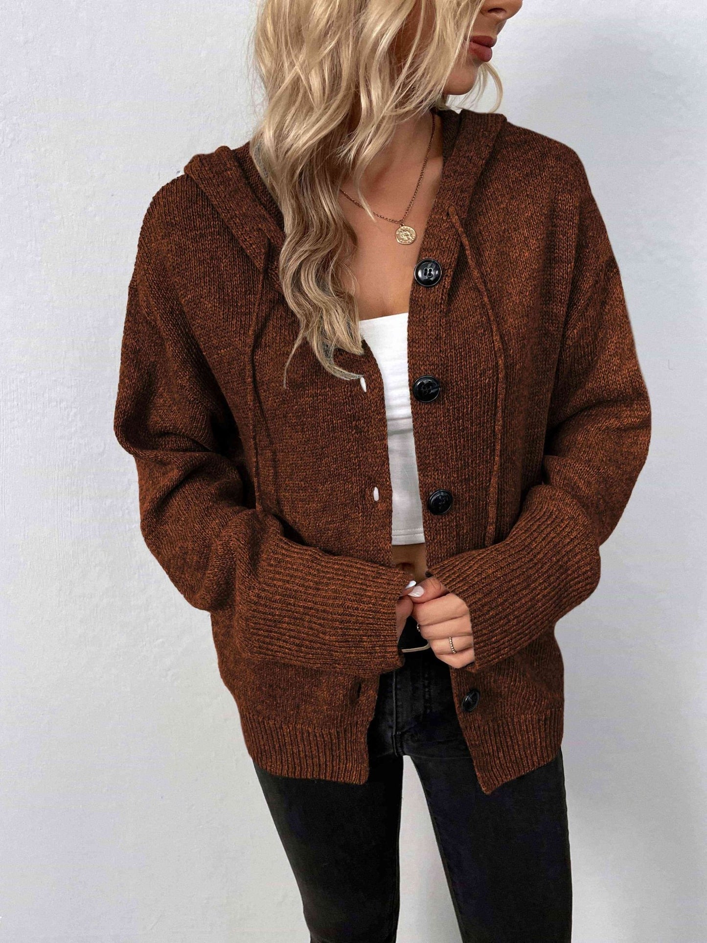 Button-Down Long Sleeve Hooded Sweater - Premium from Trendsi - Just $37! Shop now at ZLA