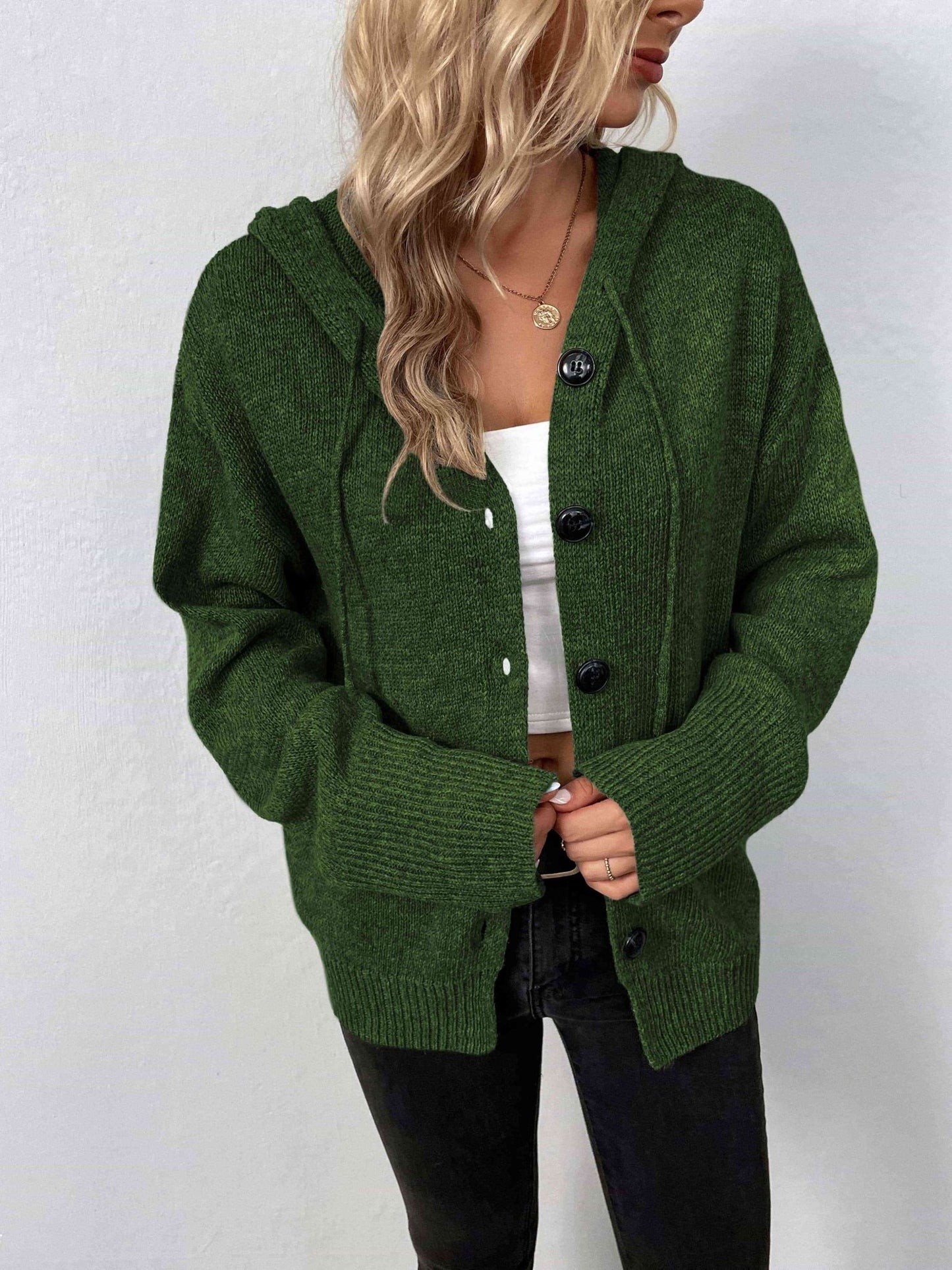 Button-Down Long Sleeve Hooded Sweater - Premium from Trendsi - Just $37! Shop now at ZLA