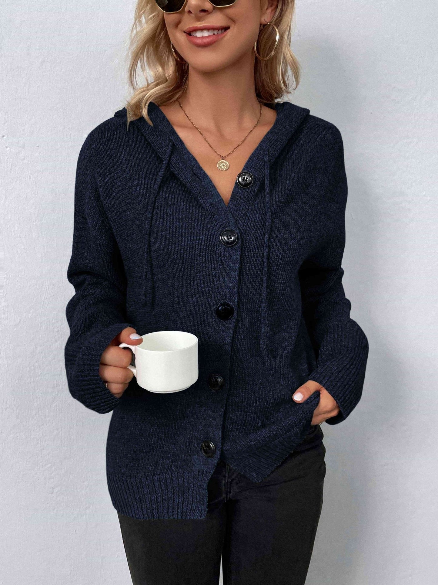 Button-Down Long Sleeve Hooded Sweater - Premium from Trendsi - Just $37! Shop now at ZLA