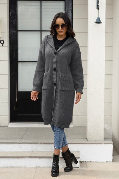 Button Up Long Sleeve Hooded Cardigan with Pockets - Premium from Trendsi - Just $54! Shop now at ZLA