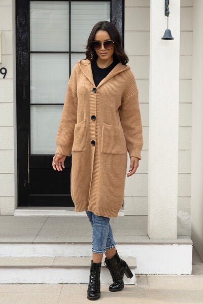 Button Up Long Sleeve Hooded Cardigan with Pockets - Premium from Trendsi - Just $54! Shop now at ZLA