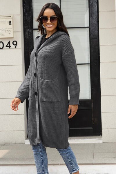 Button Up Long Sleeve Hooded Cardigan with Pockets - Premium from Trendsi - Just $54! Shop now at ZLA