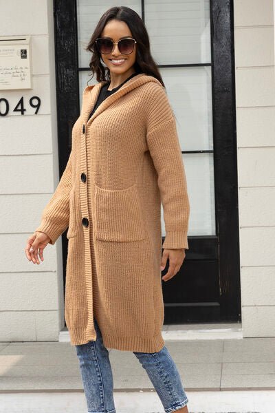 Button Up Long Sleeve Hooded Cardigan with Pockets - Premium from Trendsi - Just $54! Shop now at ZLA