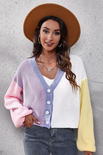 Color Block Button Up V-Neck Knit Top - Premium from Trendsi - Just $30! Shop now at ZLA