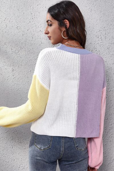 Color Block Button Up V-Neck Knit Top - Premium from Trendsi - Just $30! Shop now at ZLA