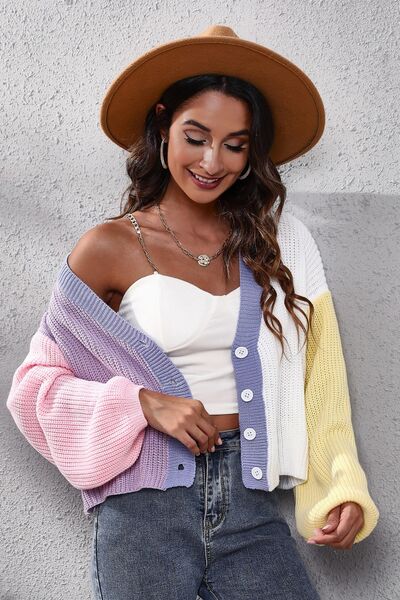 Color Block Button Up V-Neck Knit Top - Premium from Trendsi - Just $30! Shop now at ZLA