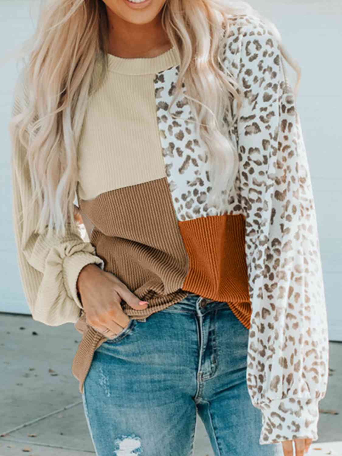 Color Block Leopard Round Neck Sweatshirt - Premium from Trendsi - Just $26! Shop now at ZLA