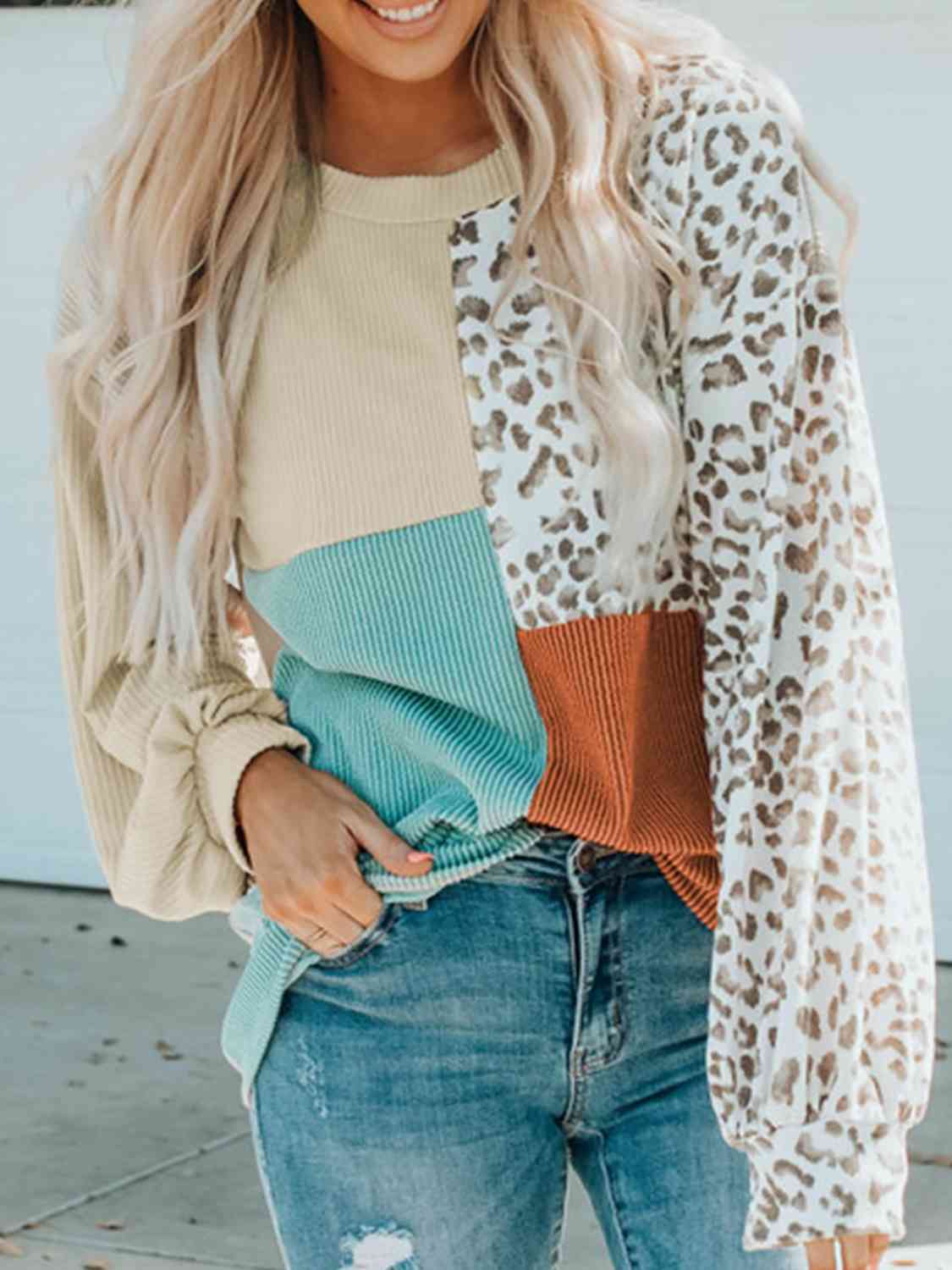 Color Block Leopard Round Neck Sweatshirt - Premium from Trendsi - Just $26! Shop now at ZLA