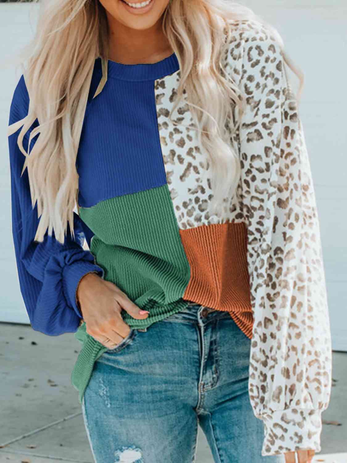 Color Block Leopard Round Neck Sweatshirt - Premium from Trendsi - Just $26! Shop now at ZLA