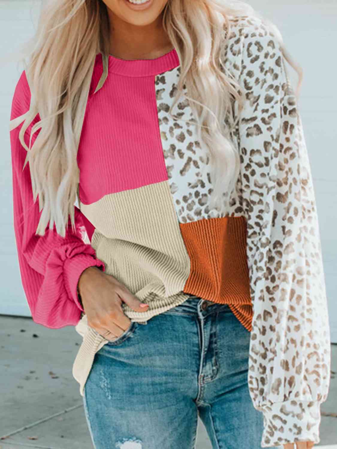 Color Block Leopard Round Neck Sweatshirt - Premium from Trendsi - Just $26! Shop now at ZLA