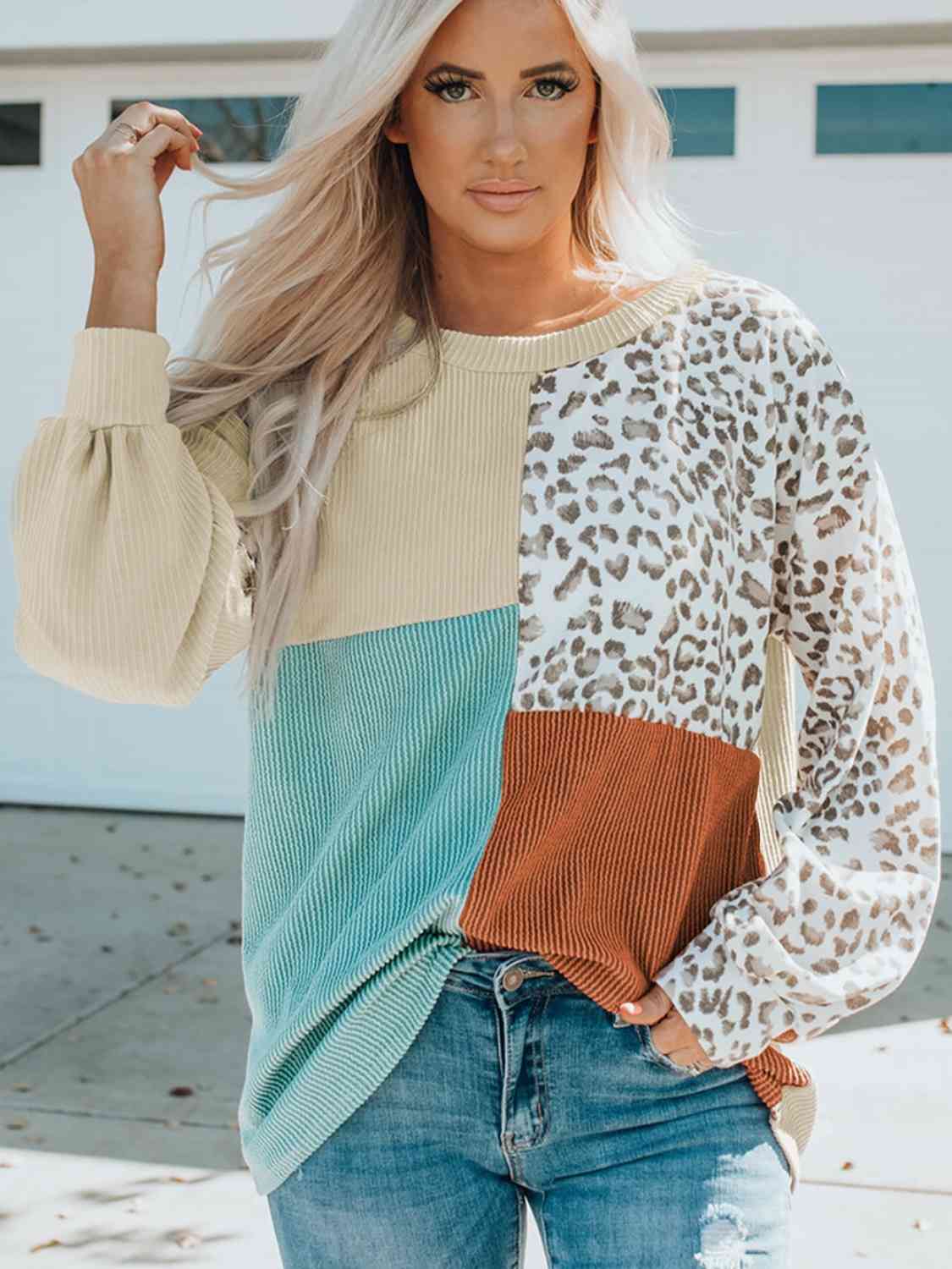 Color Block Leopard Round Neck Sweatshirt - Premium from Trendsi - Just $26! Shop now at ZLA