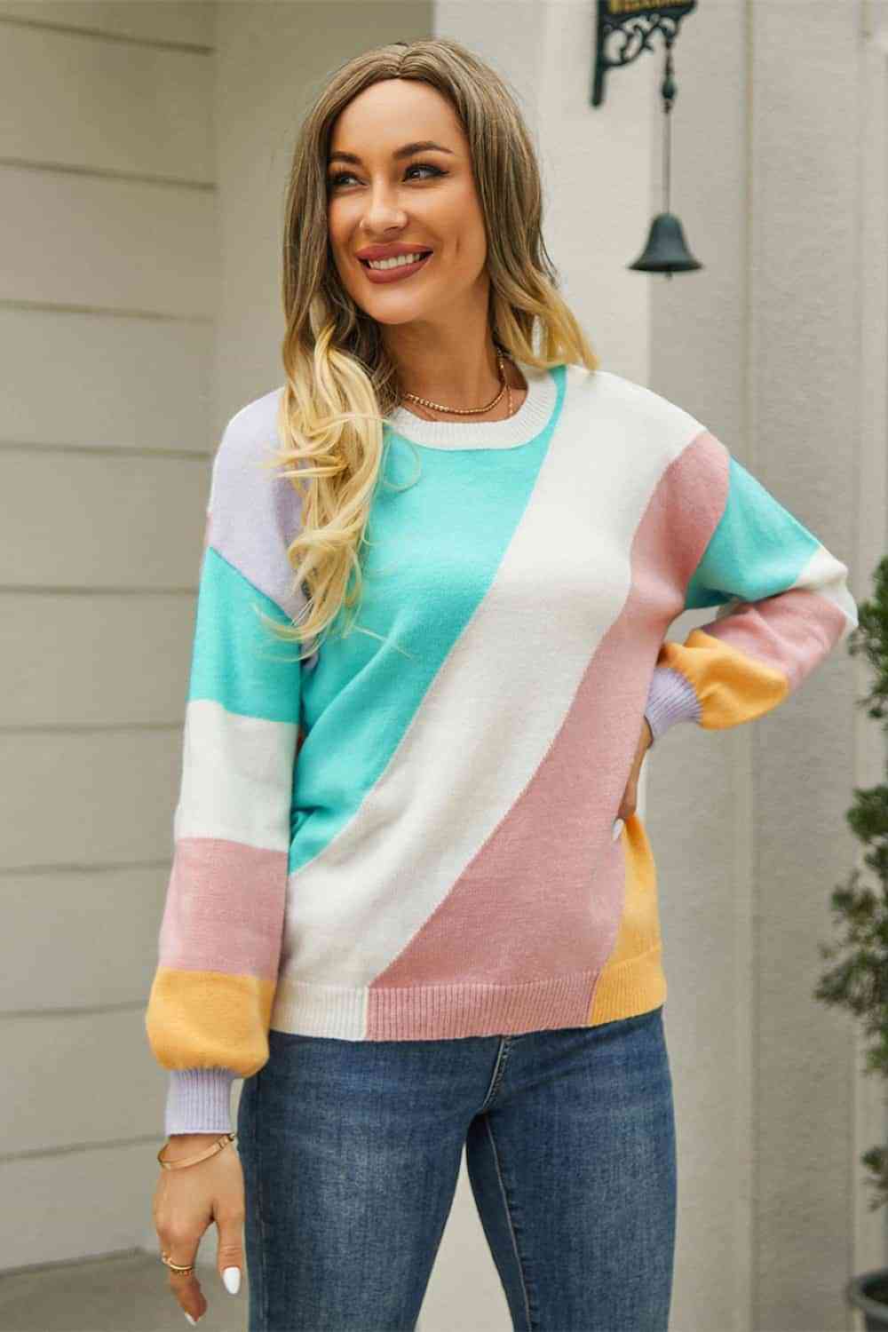 Color Block Round Neck Long Sleeve Sweater - Premium from Trendsi - Just $37! Shop now at ZLA