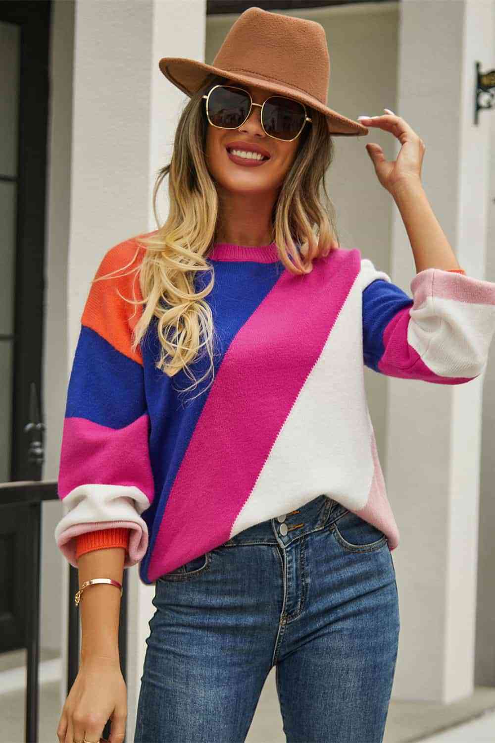 Color Block Round Neck Long Sleeve Sweater - Premium from Trendsi - Just $37! Shop now at ZLA