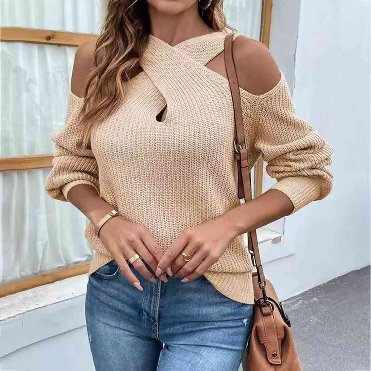Crisscross Cold-Shoulder Sweater - Premium from Trendsi - Just $25! Shop now at ZLA