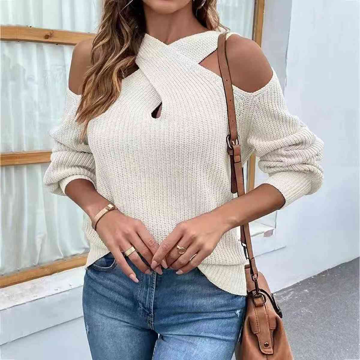 Crisscross Cold-Shoulder Sweater - Premium from Trendsi - Just $25! Shop now at ZLA