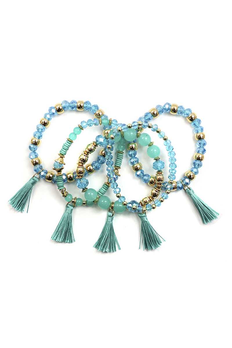 Crystal Stone Ball Bead Tassel Stretch Bracelet Set - ZLA