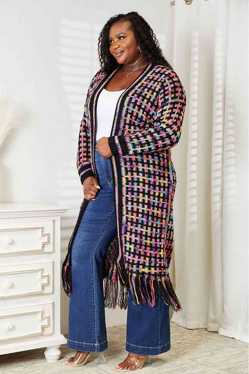 Double Take Full Size Multicolored Open Front Fringe Hem Cardigan - Premium from Trendsi - Just $52! Shop now at ZLA