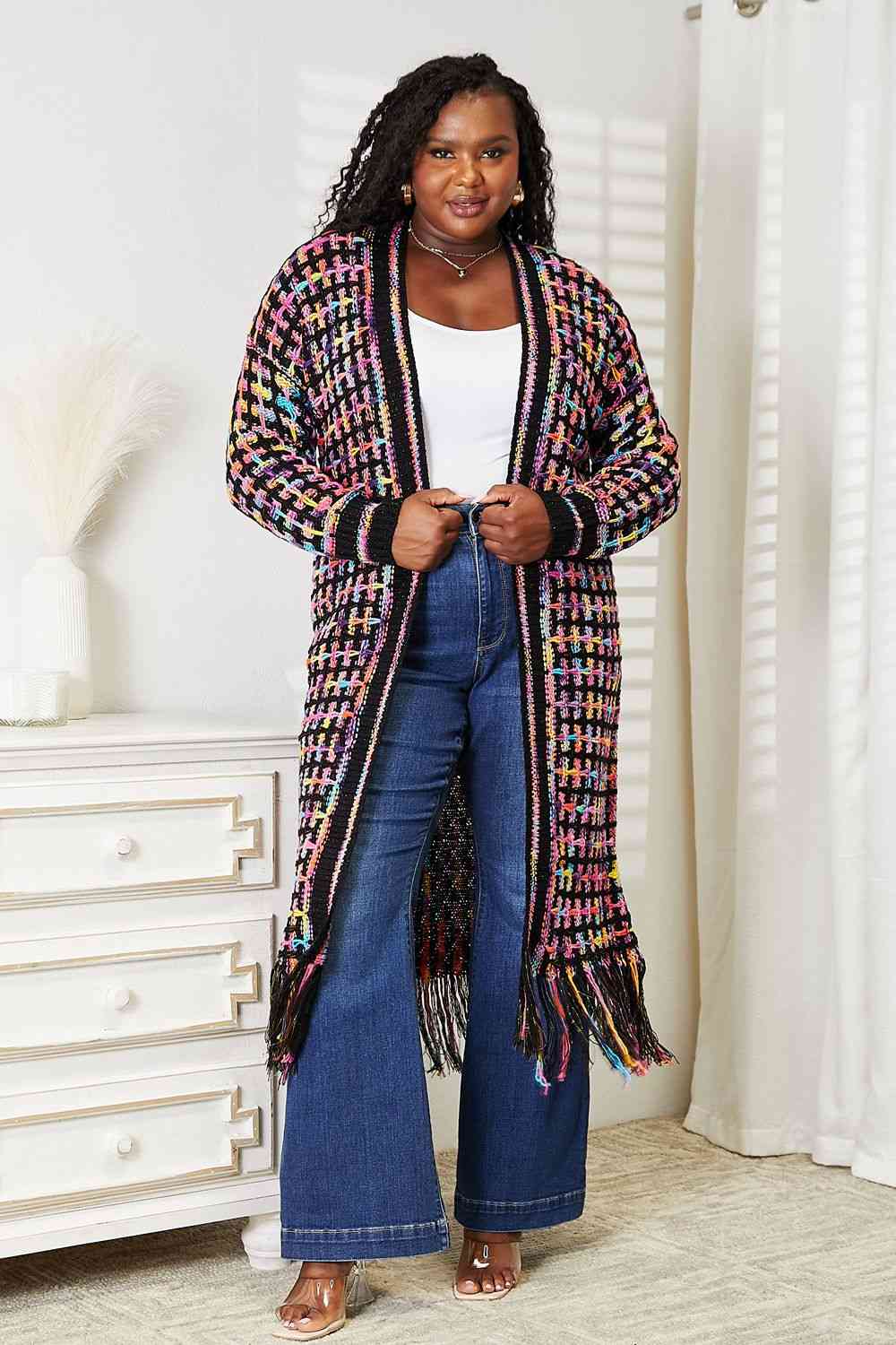 Double Take Full Size Multicolored Open Front Fringe Hem Cardigan - Premium from Trendsi - Just $52! Shop now at ZLA