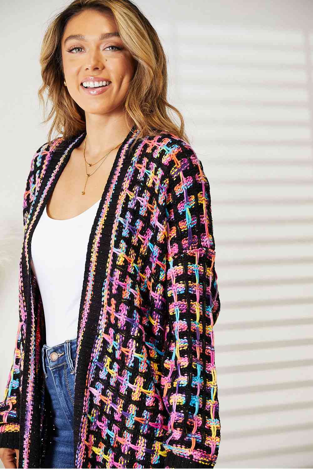 Double Take Full Size Multicolored Open Front Fringe Hem Cardigan - Premium from Trendsi - Just $52! Shop now at ZLA