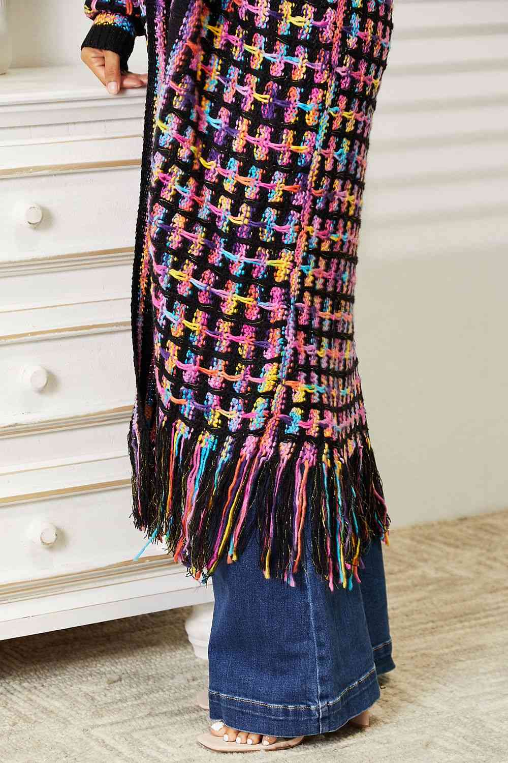 Double Take Full Size Multicolored Open Front Fringe Hem Cardigan - Premium from Trendsi - Just $52! Shop now at ZLA