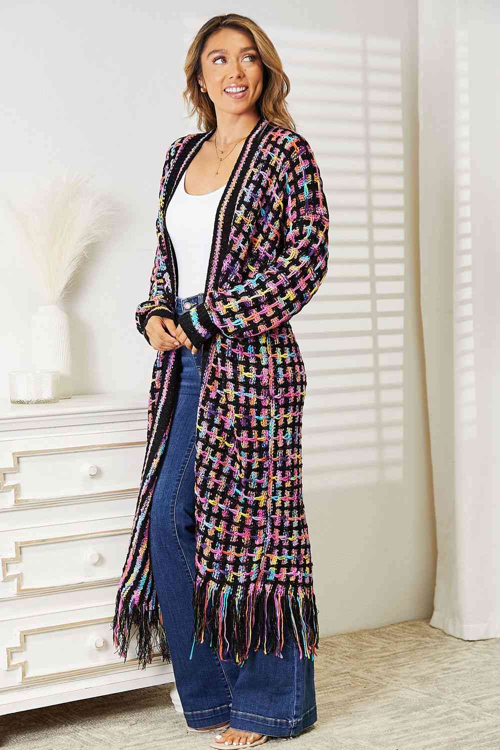 Double Take Full Size Multicolored Open Front Fringe Hem Cardigan - Premium from Trendsi - Just $52! Shop now at ZLA
