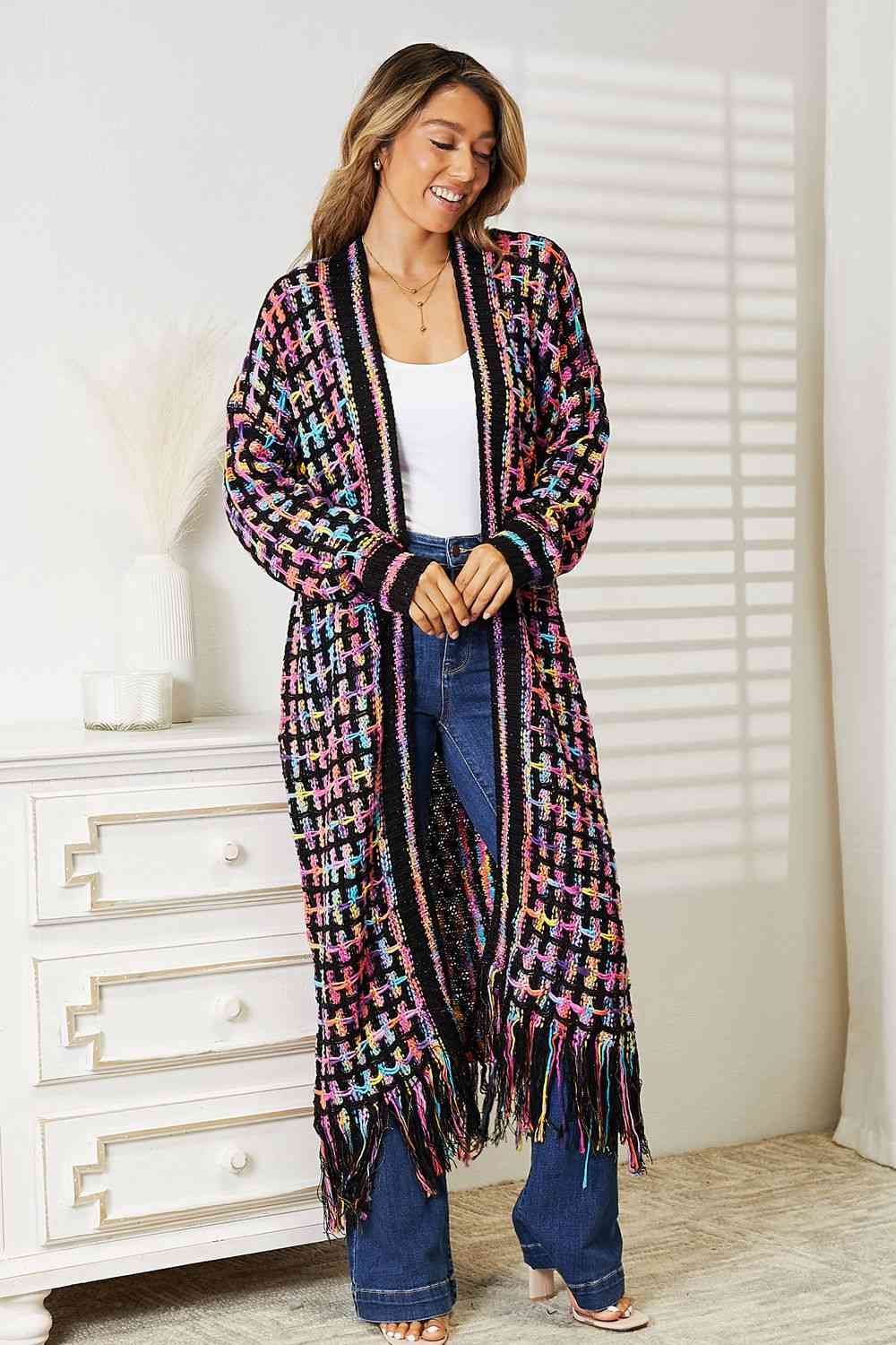 Double Take Full Size Multicolored Open Front Fringe Hem Cardigan - Premium from Trendsi - Just $52! Shop now at ZLA