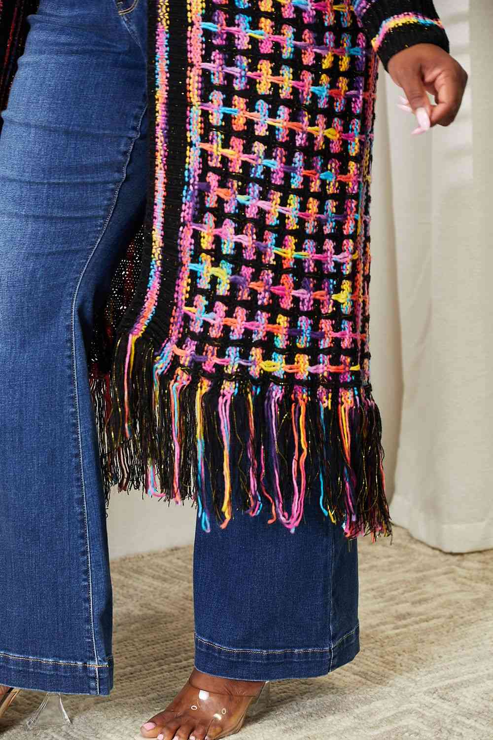 Double Take Full Size Multicolored Open Front Fringe Hem Cardigan - Premium from Trendsi - Just $52! Shop now at ZLA