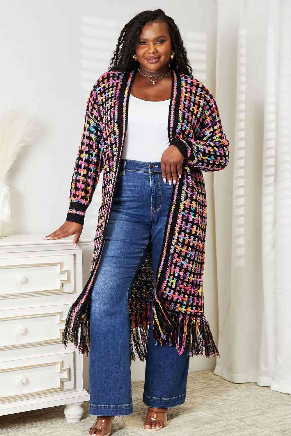 Double Take Full Size Multicolored Open Front Fringe Hem Cardigan - Premium from Trendsi - Just $52! Shop now at ZLA