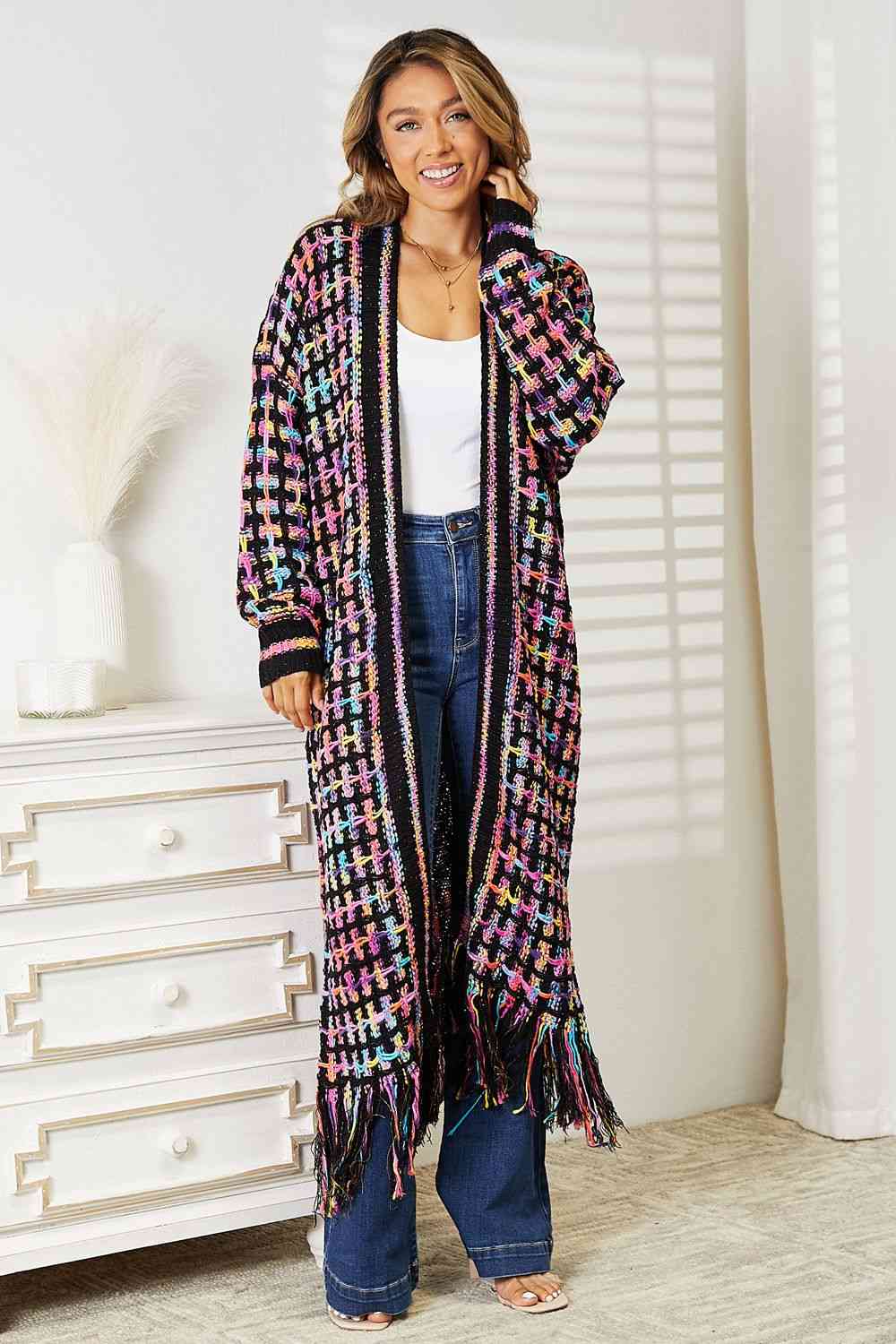 Double Take Full Size Multicolored Open Front Fringe Hem Cardigan - Premium from Trendsi - Just $52! Shop now at ZLA