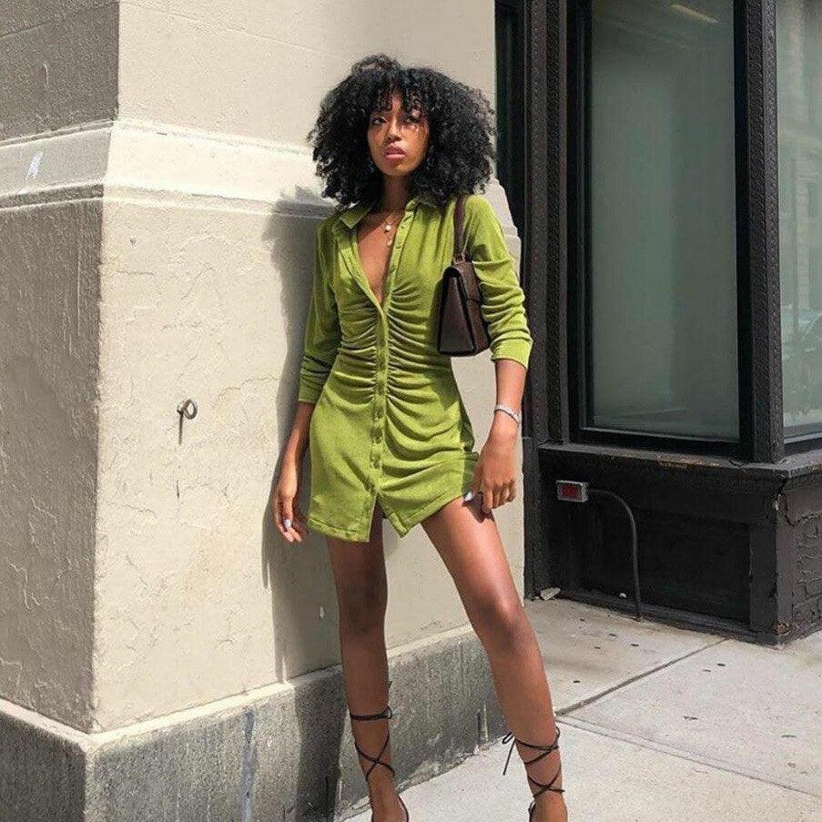 Down Collar Ruched Shirt Dress - ZLA