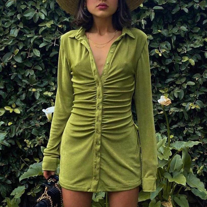 Down Collar Ruched Shirt Dress - ZLA