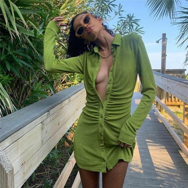 Down Collar Ruched Shirt Dress - ZLA