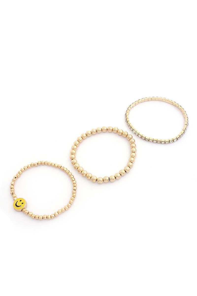Enamel Happy Face Charm Rhinestone Ball Bead Bracelet Set - ZLA