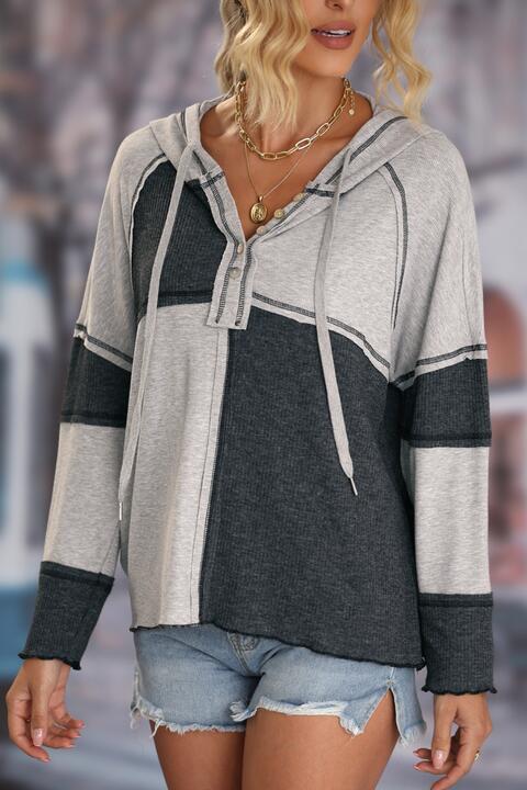 Exposed Seam Color Block Hoodie with Drawstring - Premium from Trendsi - Just $36! Shop now at ZLA