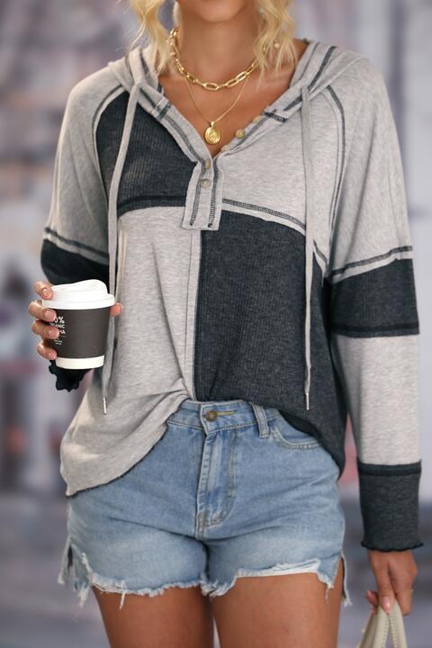 Exposed Seam Color Block Hoodie with Drawstring - Premium from Trendsi - Just $36! Shop now at ZLA