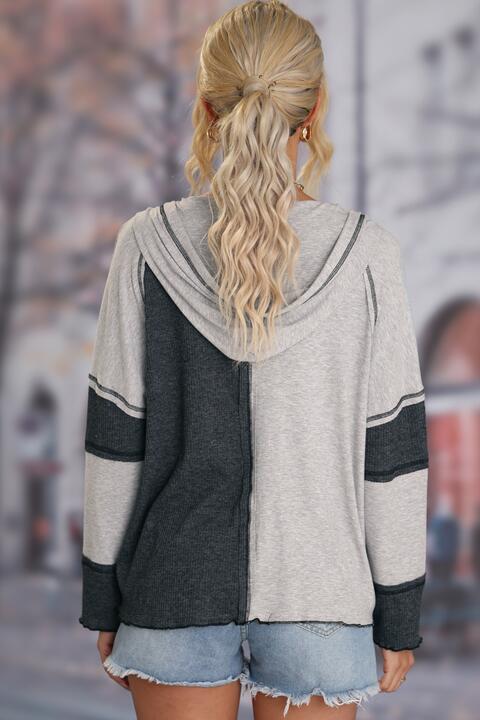Exposed Seam Color Block Hoodie with Drawstring - Premium from Trendsi - Just $36! Shop now at ZLA