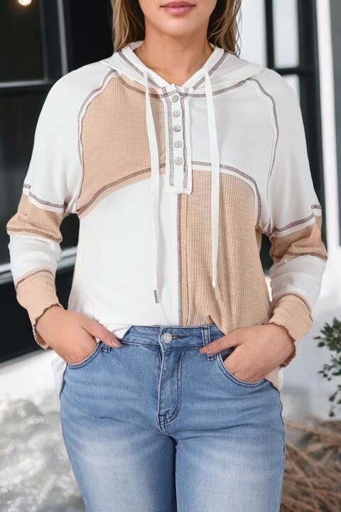 Exposed Seam Color Block Hoodie with Drawstring - Premium from Trendsi - Just $36! Shop now at ZLA