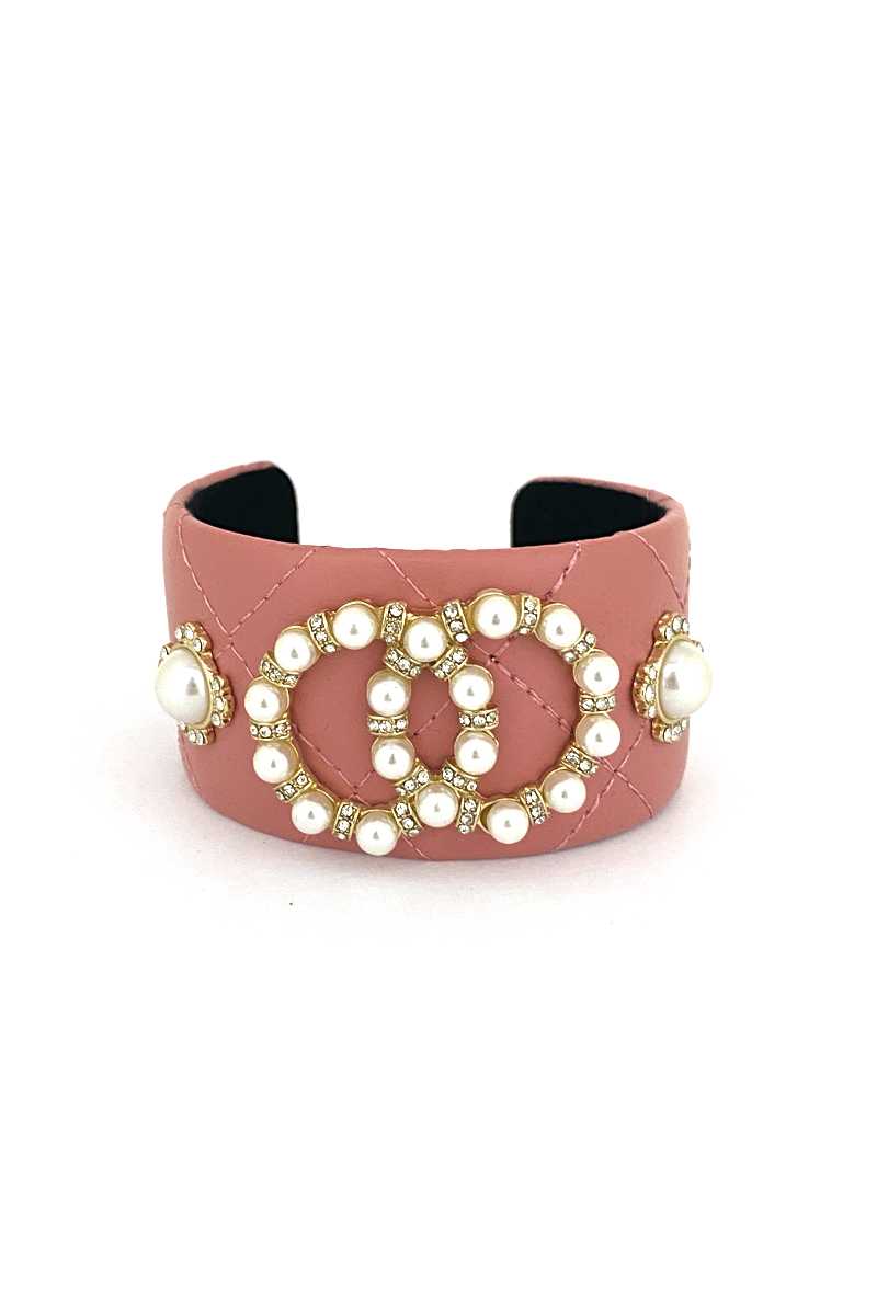 Fashion Pearl Double Round Studded Faux Leather Cuff Bracelet - ZLA
