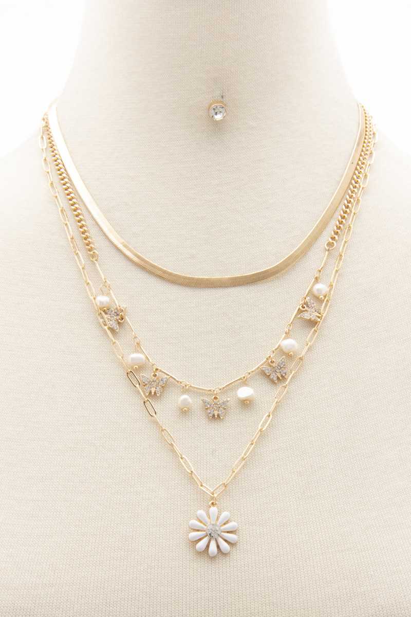Flower Pendant Butterfly Charm Layered Necklace - ZLA